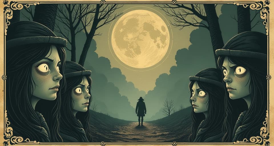  wide eyes and questioning faces, distant figure in radiant circle, background of dark fog, mood of curiosity, sense of exclusion. an illustration in the style of a worn, mystical old tarot trump card, mysterious and elements of surrealism. the colors are muted, somber and eerie, but with contrast bring out an occult and esoteric vibe.