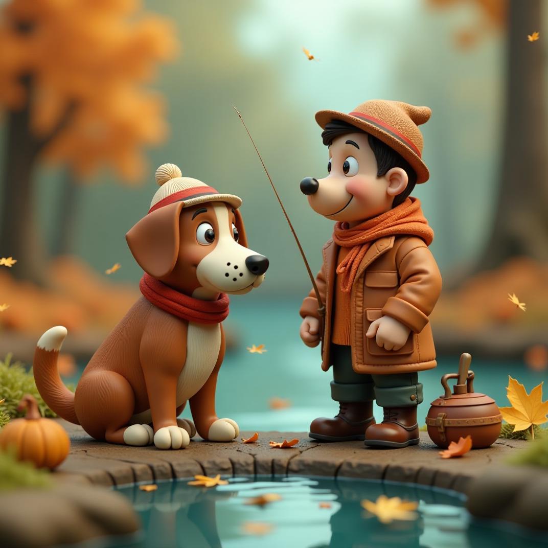  imagine a 3d clay animation scene featuring a fisherman and his dog, both crafted from plastilina and dressed in autumn attire, ready for a fishing adventure. the style is reminiscent of the charming wallace and gromit animations, capturing a whimsical and heartwarming atmosphere.