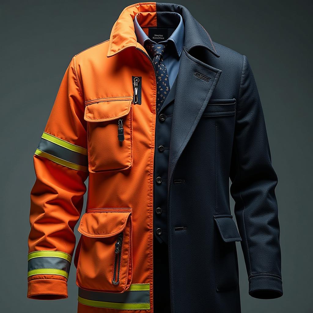  the image features a coat split down the middle. on the left, a construction worker&#039;s coat is rugged and high visibility, adorned with pockets filled with tools, reflecting strength and practicality. on the right, a businessman’s coat is sleek and tailored, made from luxurious fabric with sharp lapels, symbolizing professionalism and ambition. the contrasting styles emphasize the diverse nature of the coat trade, bridging two distinct worlds., (4k, best quality, masterpiece:1.2), ultrahigh res, highly detailed, sharp focus, (perfect image composition)