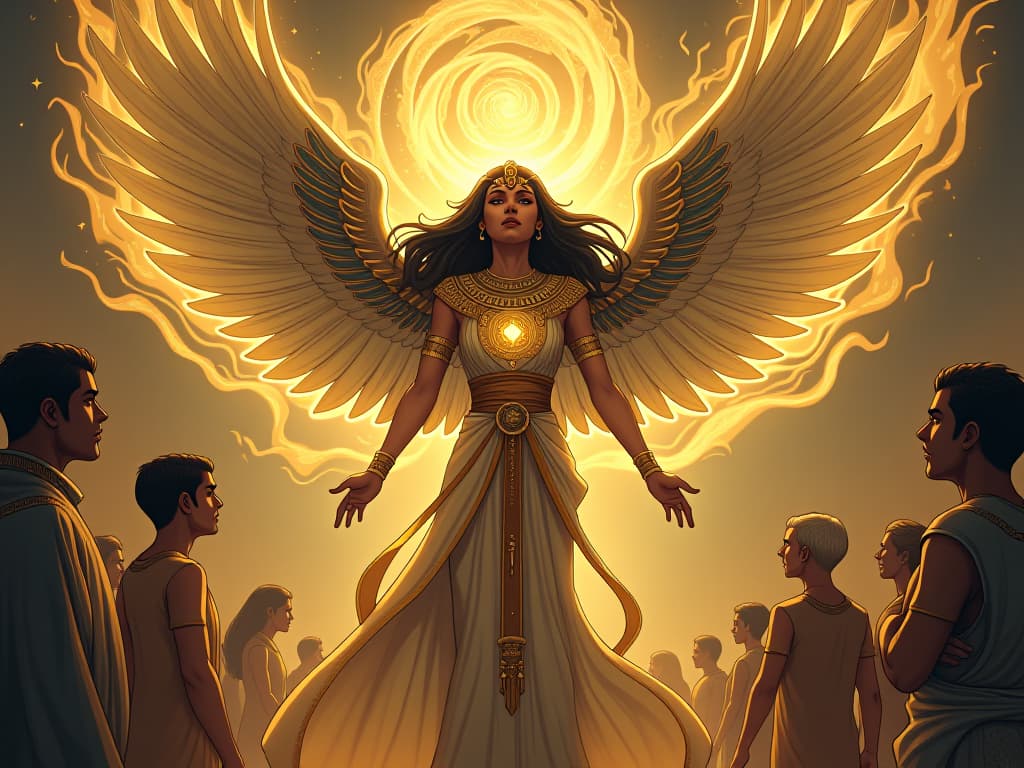  a serene figure with an uplifting aura, surrounded by a swirling, golden energy, people around drawn to her presence, their expressions tranquil, symbolizing a powerful, unseen spirit. the style is digital art illustration / modern comic book / mysterious occult, symbolic, esoteric vibe,high detail on character design, incorporating ancient egyptian symbology and attire.