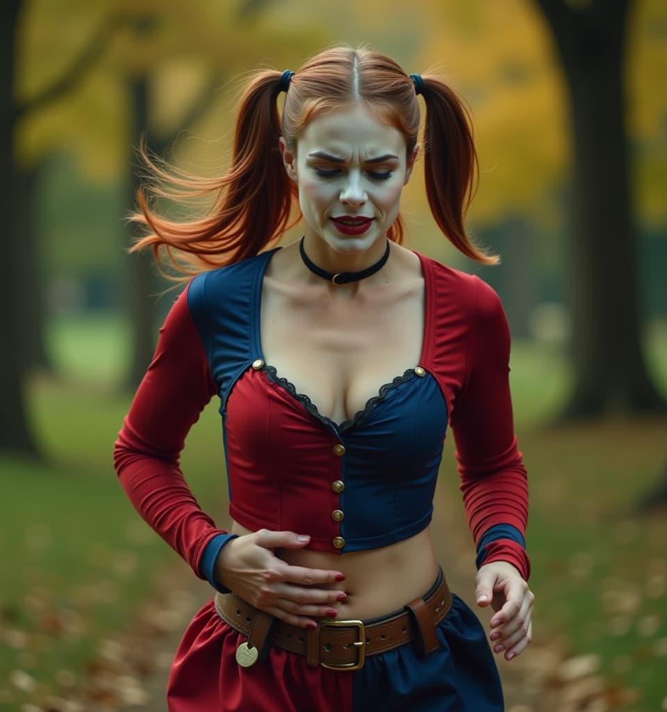  cinematic photo harley quinn feels a sharp stabbing pain in her side, with one hand pressed against her side in her lower abdomen. scene in motion, running in the park, full height, side view. on the face of the grimace of pain and fatigue. high detail, dynamic scene, 4k . 35mm photograph, film, bokeh, professional, 4k, highly detailed