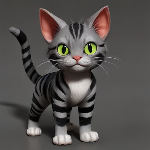 Generate animation images a cat with stripes and dark “x”s along its body, with very black claws that are still small, with a demon tail and 2 tiny horns under its fur on its head that cannot be seen. It has small fangs and behaves like a normal cat with very dark red hair color, with gray and black stripes.