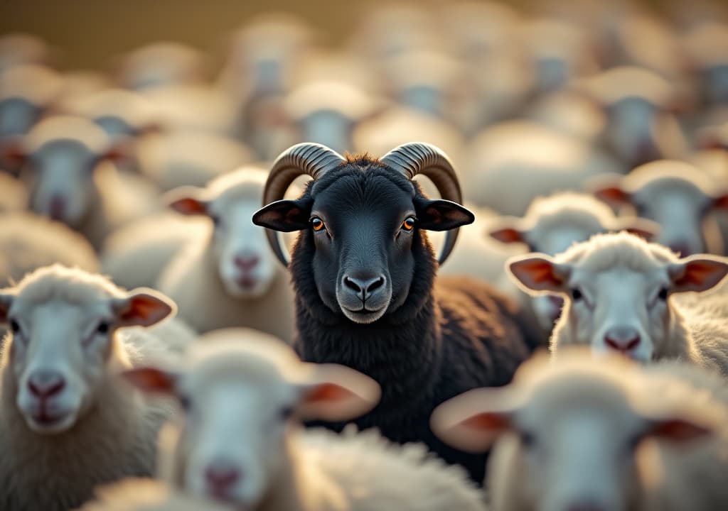  a black sheep among a flock of white sheep, raising head as a leader concept of standing out from the crowd, of being different and unique with its own identity and special skills among the others