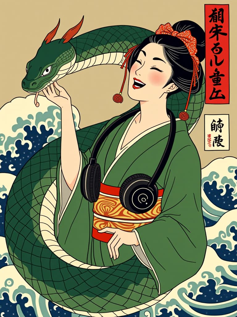  (((green snake:1.3))),(((hokusai katushika))),(((japanese art ukiyoe:1.8))),(((headphone around the neck:2.0))),very loud laugh,(((very joy:1.8))),(((green kimono:1.8)))