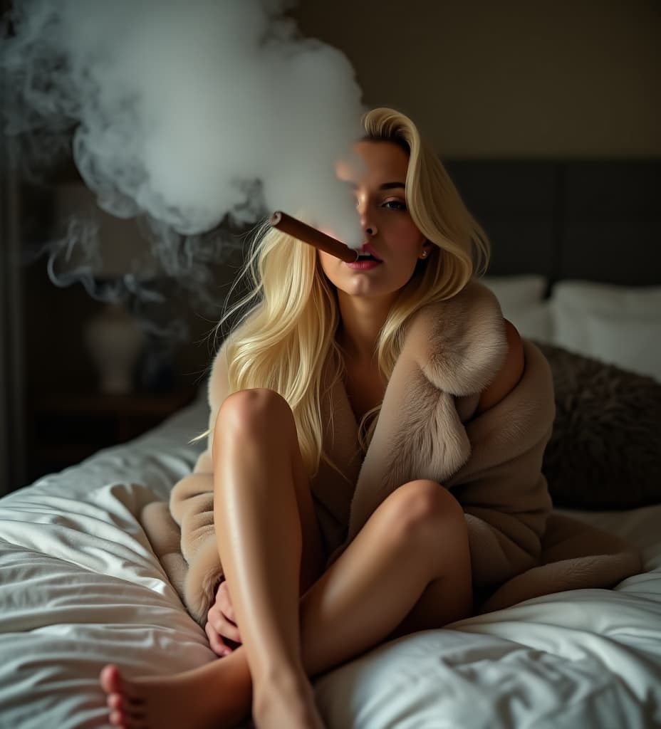  pretty blonde girl inhaling a big cuban cigar, blowing huge clouds of smoke, wearing fur coat, bare feet on bed, cigar in mouth