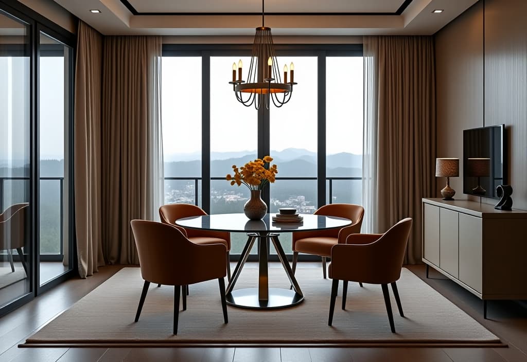  a landscape photo of a chic apartment dining area with a glass top table, velvet upholstered chairs, and a statement chandelier, showcasing affordable luxury in a small space hyperrealistic, full body, detailed clothing, highly detailed, cinematic lighting, stunningly beautiful, intricate, sharp focus, f/1. 8, 85mm, (centered image composition), (professionally color graded), ((bright soft diffused light)), volumetric fog, trending on instagram, trending on tumblr, HDR 4K, 8K