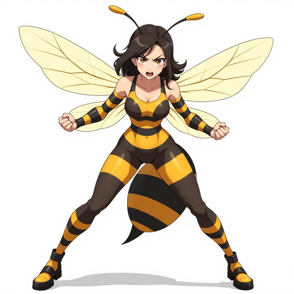  a fierce woman with bee like features stands against a white background. her body is adorned with vibrant yellow and black stripes, and an insect like tail protrudes from her back. her legs are raised in an aggressive stance, while her arms are stretched out, hands balled into fists. she has serious, determined eyes and her mouth is open in a fierce expression. the anime style emphasizes her dynamic pose and expressive features, highlighting the fusion of human and bee characteristics.