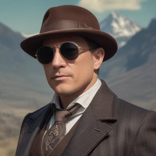 Old Reymond reddington with sunglasses in Steampunk style with Mountains background