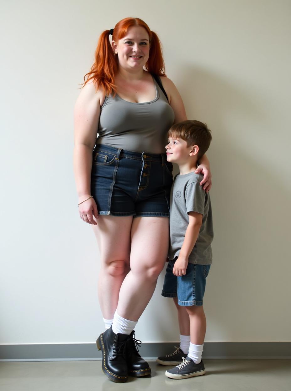  the year is 2012. a group of old students from a diverse background gather for a cl photo. they stand against a plain, white wall, their poses ranging from casual to . one student, a extremely tall, full figured american young first grade girl with vint red hair and freckles, stands out towering over everyone. she's dressed in a tight tank top and a simple pleated mini, paired with black dr. martens boots and white over the knee socks that emphasize her impossibly long, toned legs. her hair is styled in twin tails, adding to her youthful appearance. next to her stands the very short slender , his gaze fixed on her. she looks down at him with a gentle smile and put bent leg across his , creating a contrast