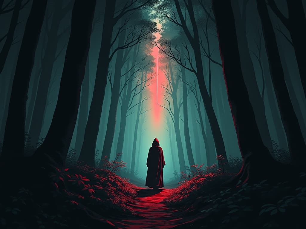  dense forest, soft light falling through canopy, figure in red walking slowly. the style is digital art illustration / modern comic book / graphic dark novel fantasy and mysterious occult, symbolic, moody lighting, esoteric vibe,high detail on character design. for the color scheme emphasize blacks and reds.