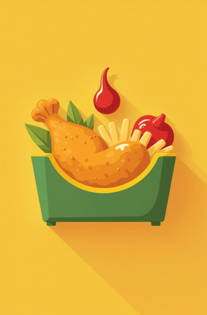  flat illustration, flaticon, (illustration:1.15), creative design, minimalistic logo for fastfood "tasty and period", make letter “m”, use fried chicken, fry and ketchup, green yellow and red colors ar 2:3, [cory loftis, strobist, pascal campion :: 0.2]