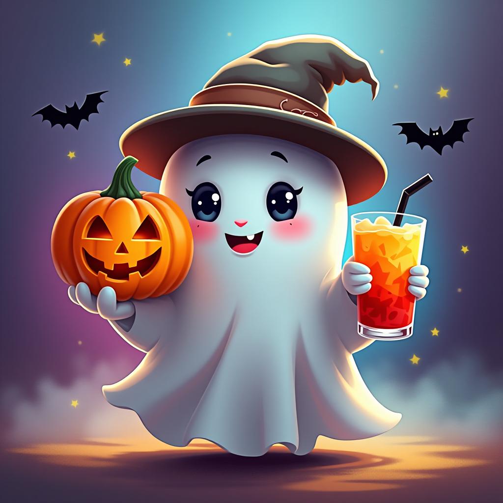  create a digital painting featuring a cute ghost character. the ghost should be wearing a hat. in one hand, the ghost should hold a pumpkin with a carved face, and in the other hand, a halloween themed drink. the background should be colorfull and include small black bats and stars to add a playful halloween touch. the overall style should be cute, whimsical, and colorful hyperrealistic, full body, detailed clothing, highly detailed, cinematic lighting, stunningly beautiful, intricate, sharp focus, f/1. 8, 85mm, (centered image composition), (professionally color graded), ((bright soft diffused light)), volumetric fog, trending on instagram, trending on tumblr, HDR 4K, 8K