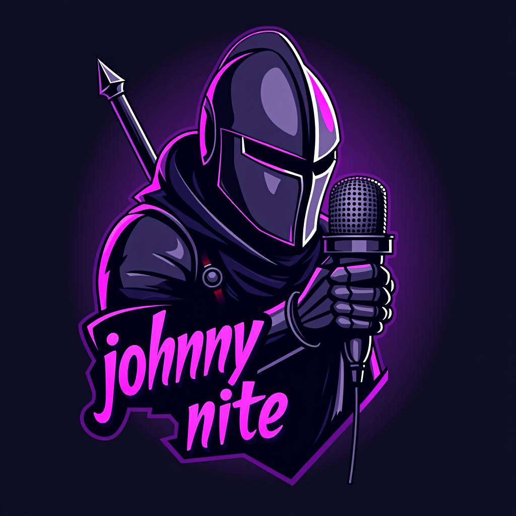  design a logo, in a realism style. knight with a gaming mic graffiti purple and black, with the text 'johnny nite'.