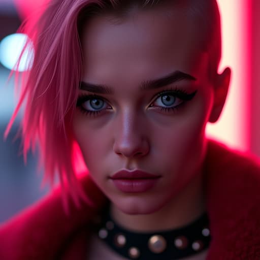  ultra realistic close up portrait ((beautiful pale cyberpunk female with heavy black eyeliner)), blue eyes, shaved side haircut, hyper detail, cinematic lighting, magic neon, dark red city, canon eos r3, nikon, f/1.4, iso 200, 1/160s, 8k, raw, unedited, symmetrical balance, in frame, 8k hyperrealistic, full body, detailed clothing, highly detailed, cinematic lighting, stunningly beautiful, intricate, sharp focus, f/1. 8, 85mm, (centered image composition), (professionally color graded), ((bright soft diffused light)), volumetric fog, trending on instagram, trending on tumblr, HDR 4K, 8K