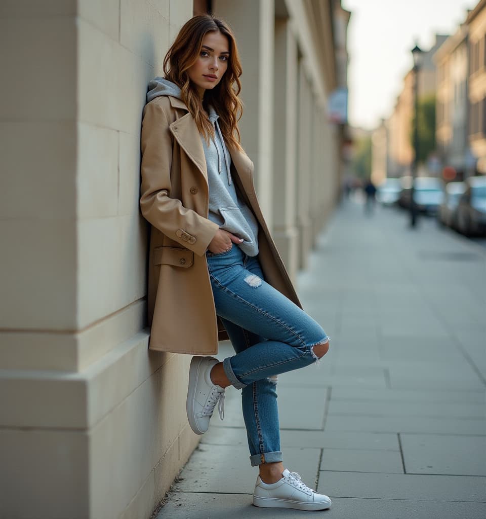  cinematic photo a realistic photo of a lady leaning the wall with one high up leg. she wears in a beige trench coat over a grey hoodie and distressed jeans and paired with white sneakers . 35mm photograph, film, bokeh, professional, 4k, highly detailed