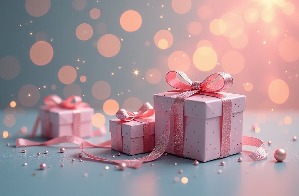  floating christmas gift boxes with glitter on sparkling bokeh background, soft pastel colors ar 3:2 {prompt}, maximum details