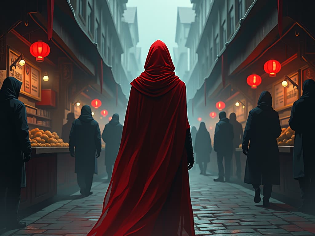  red clad person in a thriving marketplace, energetic environment, aura of making the most of every moment. the style is digital art illustration / modern comic book / graphic dark novel fantasy and mysterious occult, symbolic, moody lighting, esoteric vibe,high detail on character design. for the color scheme emphasize blacks and reds.