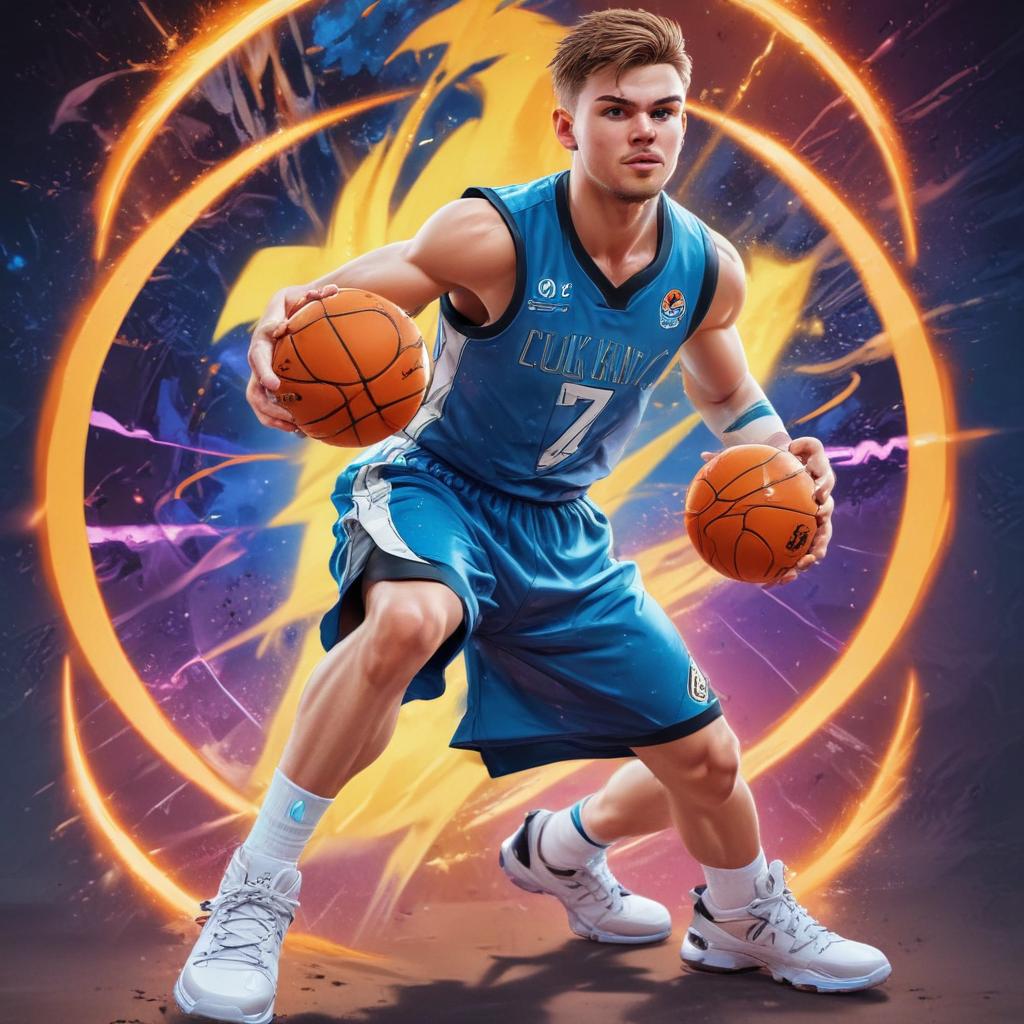 distance-shot, flashy, full-body, dynamic, holographic, animated cartoon poster of luka doncic in the style of dragon ball super