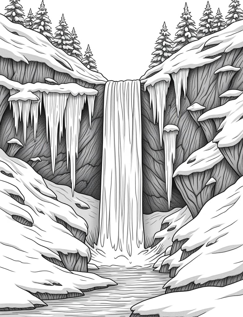  this is for an adult coloring page. a detailed black and white line art of a snowy frozen waterfall with icicles hanging from the rocks on a solid white background.