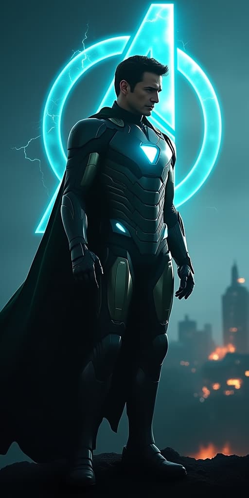  good quality, high quality, a hyper realistic movie poster for "avengers: secret war" starring tom cruise as ultimate ultron. he stands ominously in the foreground, his metallic body glowing with a faint blue green light. his dark green cloak flows in the wind, partially covering his iron man like armor. the war torn city behind him is shrouded in deep shadows, with the avengers logo crackling with energy in the background.