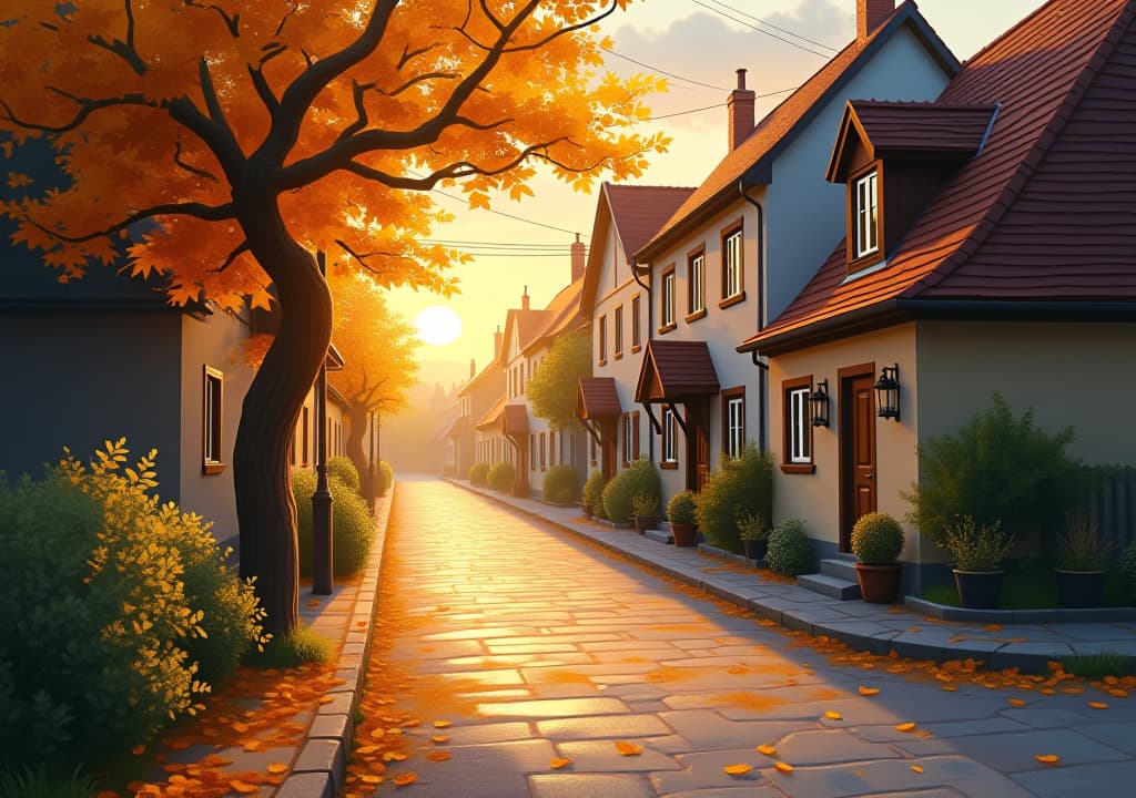  **a quiet village street in early autumn, leaves gently falling, the warm glow of the sun setting behind quaint houses, soft shadows and highlights adding depth. the scene feels nostalgic and comforting. created using: soft and warm color palette, impressionist style, delicate brushwork, play of light and shadow, cozy atmosphere, hd qualityhyper detail, intricate details, sharp focus, high resolution, 8k, ultra detailed, vib