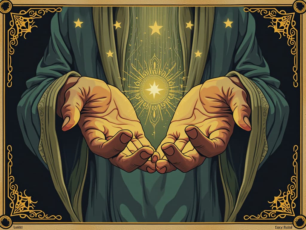  artist transcending earthly bounds, hands glowing with radiant energy, creating amidst cascading cosmic patterns, limitless potential, spiritual awakening. an illustration in the style of a worn, mystical old tarot trump card, mysterious and elements of surrealism. the colors are muted, somber and eerie, but with contrast bring out an occult and esoteric vibe.