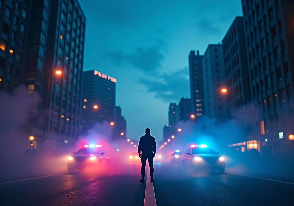  a surreal cityscape at dusk with swirling, ethereal lights emanating from police sirens, surrounded by misty auras and levitating, glowing orbs amidst a deep blue, starry sky. hyperrealistic, full body, detailed clothing, highly detailed, cinematic lighting, stunningly beautiful, intricate, sharp focus, f/1. 8, 85mm, (centered image composition), (professionally color graded), ((bright soft diffused light)), volumetric fog, trending on instagram, trending on tumblr, HDR 4K, 8K