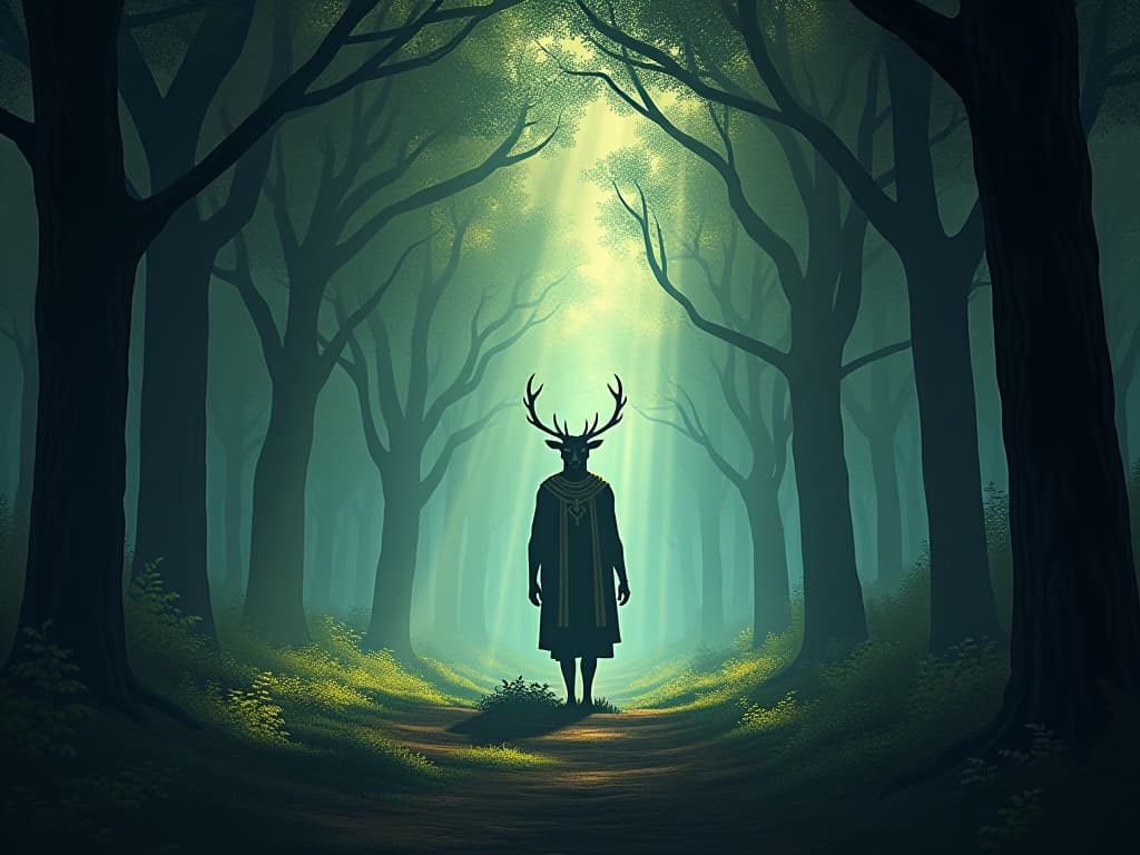  black elk in a forest clearing, surrounded by ancient trees, ethereal light illuminating him, symbolizing spiritual insights and healing. the style is digital art illustration / modern comic book / mysterious occult, symbolic, esoteric vibe,high detail on character design, incorporating ancient egyptian symbology and attire.