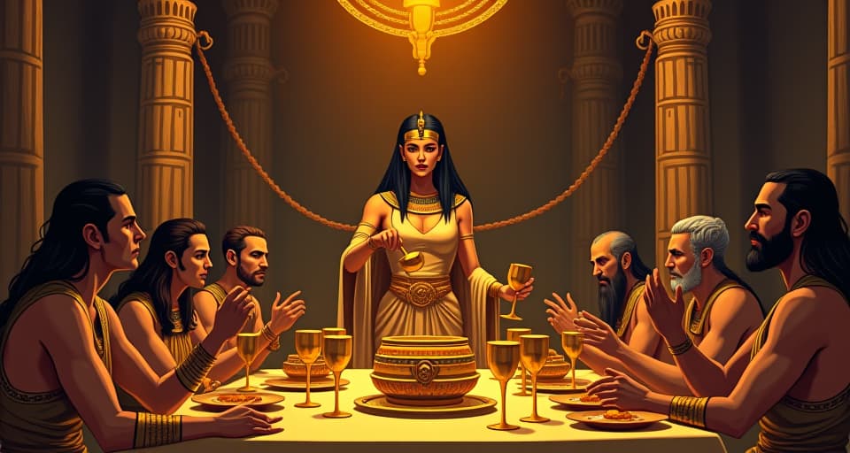  a lavish egyptian banquet hall, golden goblets and feasts, large busted priestess in form fitting gown pouring wine, seated noblemen with expressions of veiled fear, overcompensated gestures. the style is digital art illustration / modern comic book / mysterious occult, symbolic, esoteric vibe,high detail on character design, incorporating ancient egyptian symbology and attire.