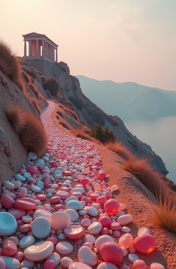  translucent pebbles coming in a rainbow of different colors, cover a steep slope. at the top are greek ruins. on the other side is a nearly dried up lake, with more ruins. the atmosphere is a thick red. hyperrealistic, full body, detailed clothing, highly detailed, cinematic lighting, stunningly beautiful, intricate, sharp focus, f/1. 8, 85mm, (centered image composition), (professionally color graded), ((bright soft diffused light)), volumetric fog, trending on instagram, trending on tumblr, HDR 4K, 8K