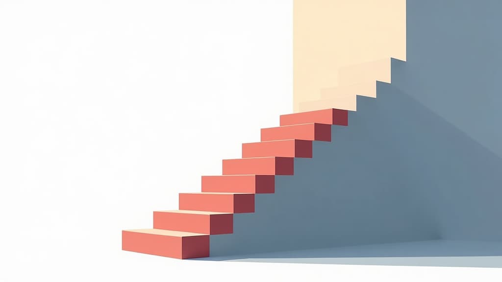  flat illustration, flaticon, (illustration:1.15), stairs up on white background from the side ar 16:9, [cory loftis, strobist, pascal campion :: 0.2]