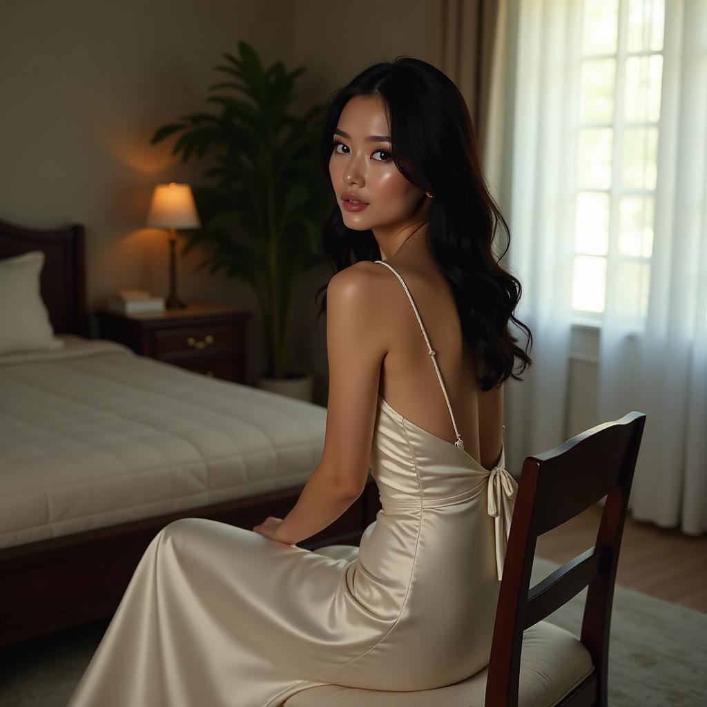  a woman wearing a silk maxi plain gown, black hair, looking into the camera, showing her back, sitting on a chair, in a bedroom hyperrealistic, full body, detailed clothing, highly detailed, cinematic lighting, stunningly beautiful, intricate, sharp focus, f/1. 8, 85mm, (centered image composition), (professionally color graded), ((bright soft diffused light)), volumetric fog, trending on instagram, trending on tumblr, HDR 4K, 8K