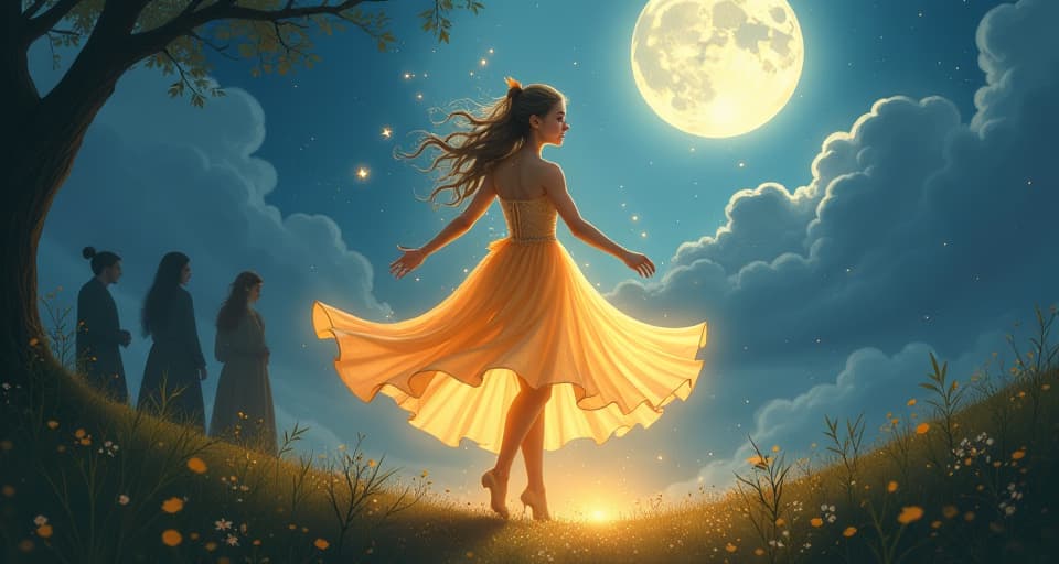  a radiant fairy dancing freely under the moonlight, her glowing dress flowing. around the edges, shadowy figures watching in hesitation, mood is reflective and significant.. the style is digital art illustration,highly detailed, whimsical,magical, dreamlike atmosphere, realism and fantasy blend, smooth, glossy textures,luminous quality, wonder and enchantment.