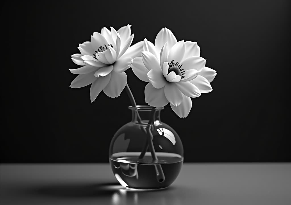  dramatic high contrast black and white photograph of isolated white flower vase on reflective surface, showcasing delicate shapes and contrasting textures.