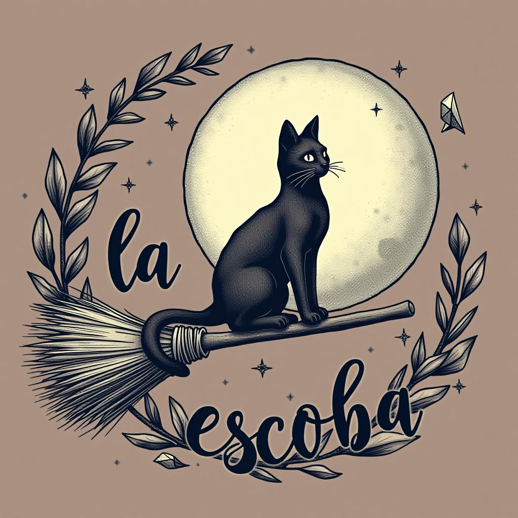  design a logo, in a pencil style. witchy, cat silhouette on broom, crystals, moon , with the text 'la escoba '.