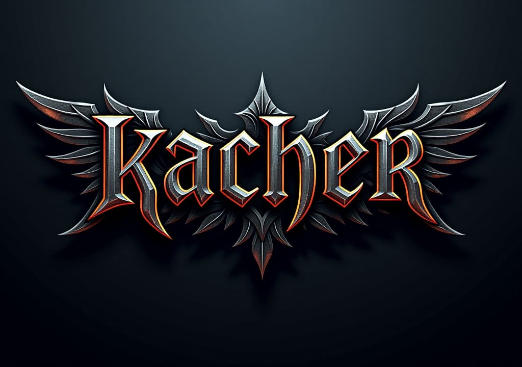  a dark art, street style logo for brand "kacher", look luxury, metallic, rock feelinghyper detail, intricate details, sharp focus, high resolution, 8k, ultra detailed, vib