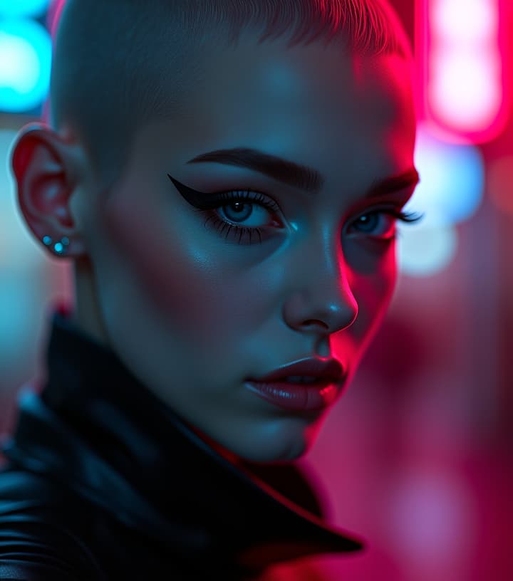  ultra realistic close up portrait ((beautiful pale cyberpunk female with heavy black eyeliner)), blue eyes, shaved side haircut, hyper detail, cinematic lighting, magic neon, dark red city, canon eos r3, nikon, f/1.4, iso 200, 1/160s, 8k, raw, unedited, symmetrical balance, in frame, 8k hyperrealistic, full body, detailed clothing, highly detailed, cinematic lighting, stunningly beautiful, intricate, sharp focus, f/1. 8, 85mm, (centered image composition), (professionally color graded), ((bright soft diffused light)), volumetric fog, trending on instagram, trending on tumblr, HDR 4K, 8K