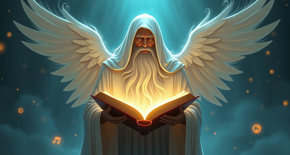  a wise, ethereal figure with luminescent robes, holding an ancient book open, glowing with divine light, heavenly aura, surrounded by floating symbols.. the style is digital art illustration,highly detailed, whimsical,magical, dreamlike atmosphere, realism and fantasy blend, smooth, glossy textures,luminous quality, wonder and enchantment.