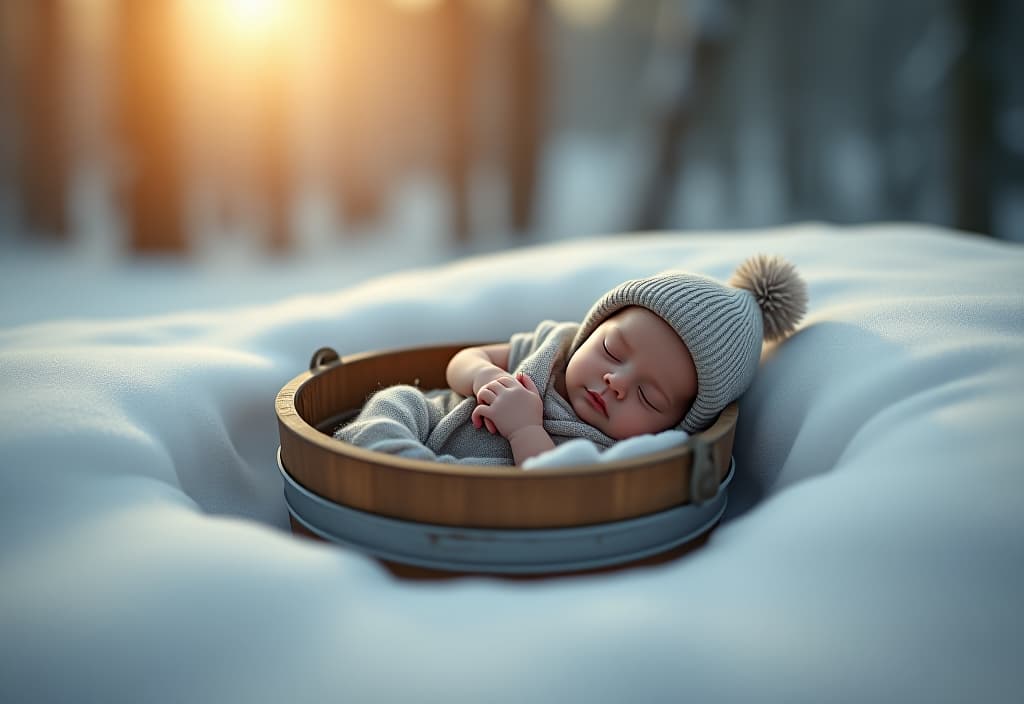  hyperrealistic art a newlyborn baby in a hat sleeps with a bucket in a white snow grave in the winter forest in the morning. the horizon and the fall forest are visible. . extremely high resolution details, photographic, realism pushed to extreme, fine texture, incredibly lifelike hyperrealistic, full body, detailed clothing, highly detailed, cinematic lighting, stunningly beautiful, intricate, sharp focus, f/1. 8, 85mm, (centered image composition), (professionally color graded), ((bright soft diffused light)), volumetric fog, trending on instagram, trending on tumblr, HDR 4K, 8K