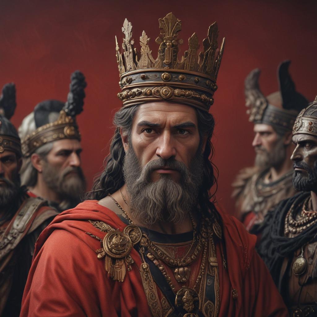 Agamemnon, the Mycenaean king, standing tall amidst the chaos, wearing a regal robe and a crown, seeking guidance from the prophet Calchas, intense eye contact, furrowed brow, surrounded by concerned soldiers"in the style of classical Greek pottery art, with intricate black figures on a red background, depicting mythological scenes with a focus on gods and heroes, using a limited color palette of red, black, and white"This image is a breathtaking painting that captures the magical scene with vivid detail. The overall composition is spellbinding, showcasing a perfect harmony. photorealism fantasy, unreal engine 5, concept hyperrealistic, full body, detailed clothing, highly detailed, cinematic lighting, stunningly beautiful, intricate, sharp focus, f/1. 8, 85mm, (centered image composition), (professionally color graded), ((bright soft diffused light)), volumetric fog, trending on instagram, trending on tumblr, HDR 4K, 8K