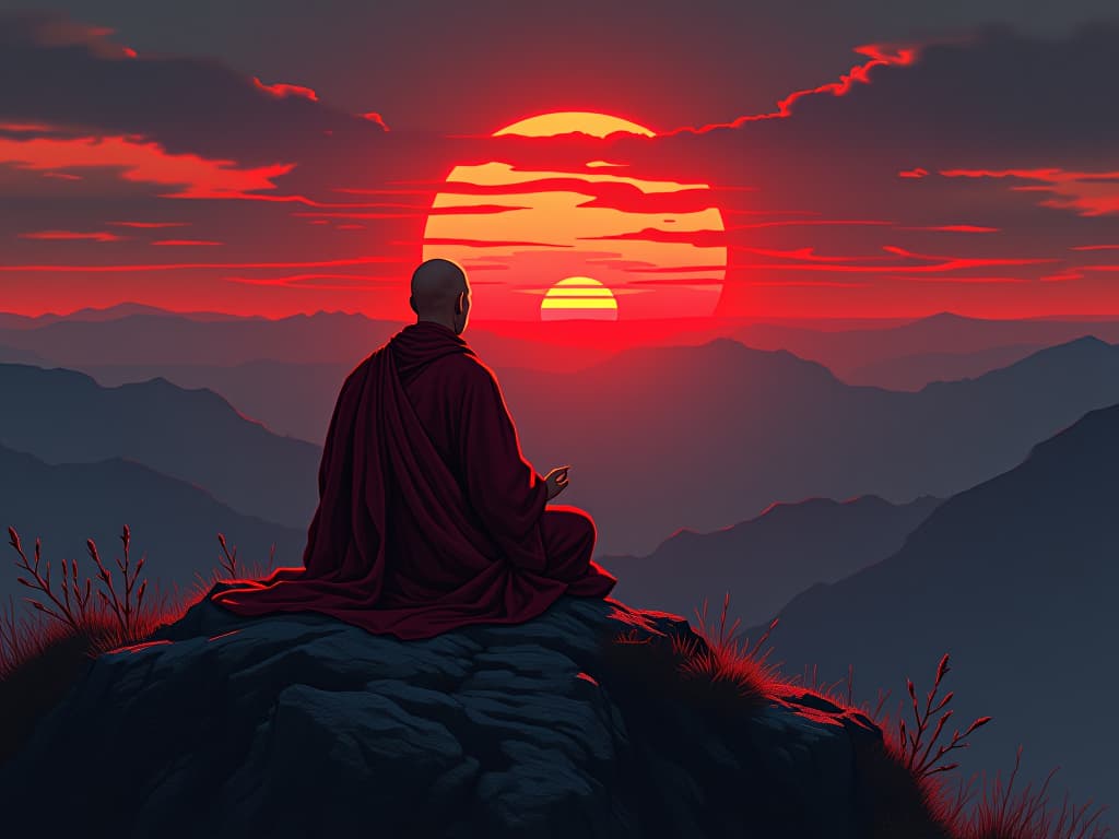  monk in red robes, meditating on a mountain top, sunrise breaking, air of introspection and reevaluation. the style is digital art illustration / modern comic book / graphic dark novel fantasy and mysterious occult, symbolic, moody lighting, esoteric vibe,high detail on character design. for the color scheme emphasize blacks and reds.