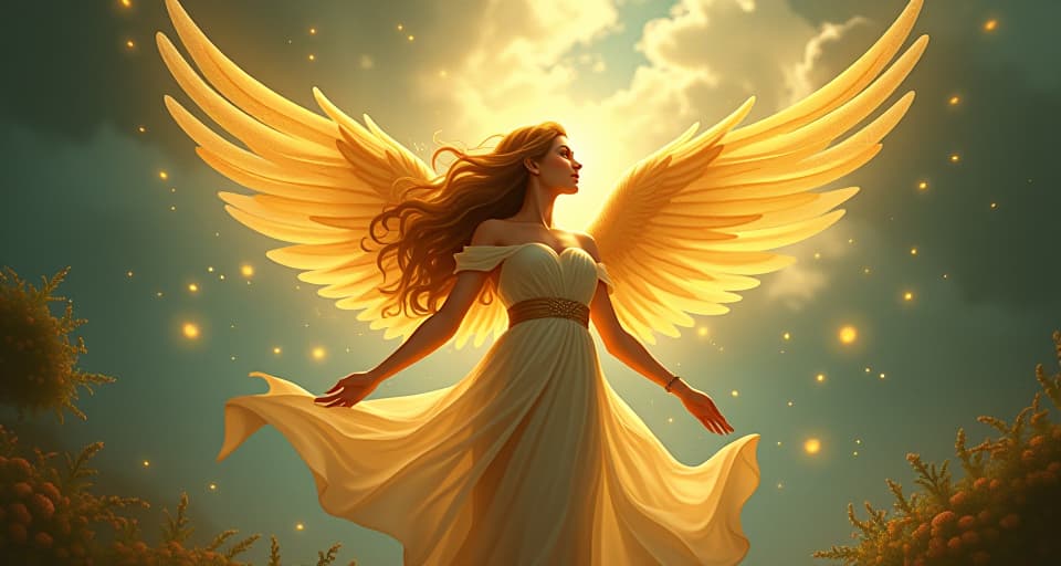  a seraphic being with radiant wings, hovering above an enchanted garden. her voice depicted as golden light waves emanating from her mouth, silencing the atmosphere, serene authority.. the style is digital art illustration,highly detailed, whimsical,magical, dreamlike atmosphere, realism and fantasy blend, smooth, glossy textures,luminous quality, wonder and enchantment.