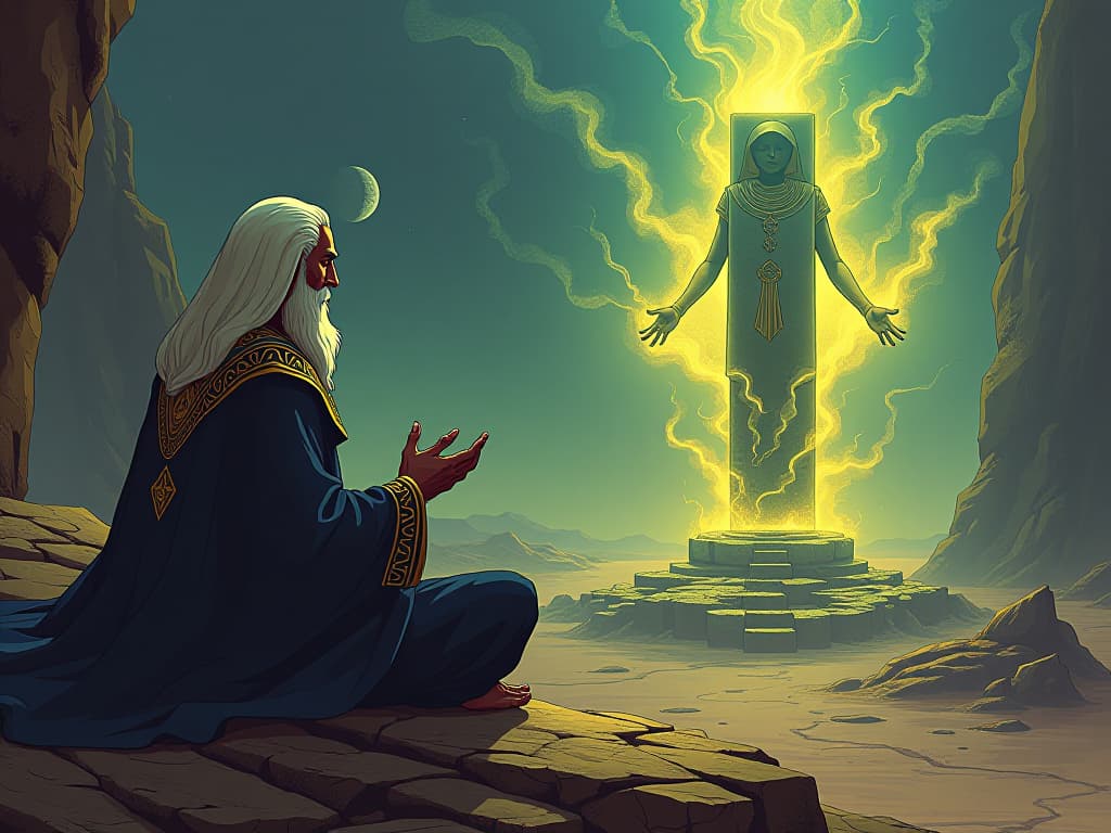  an elder magician in ancient garb, meditating by the benben stone, streams of mystical energy connecting them, the landscape infused with ancient power, aura of profound knowledge. the style is digital art illustration / modern comic book / mysterious occult, symbolic, esoteric vibe,high detail on character design, incorporating ancient egyptian symbology and attire.