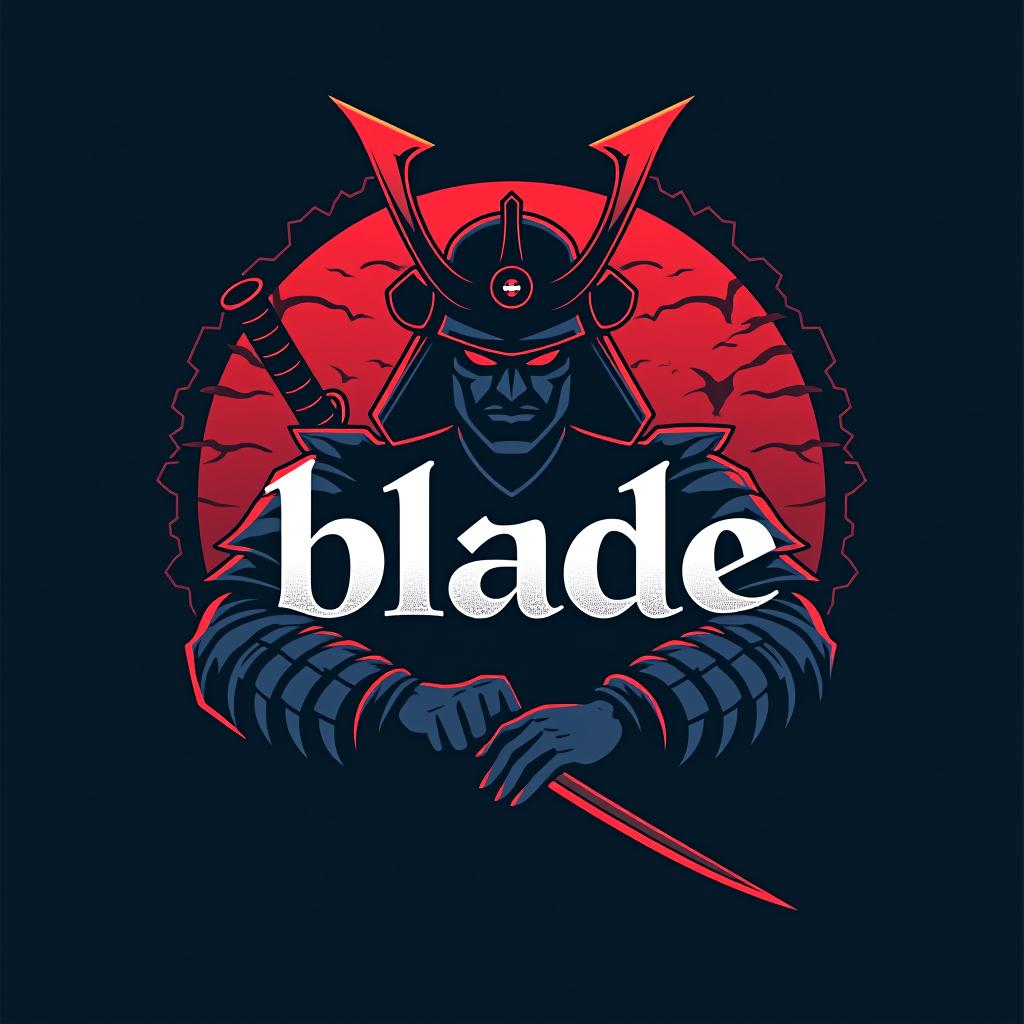  design a logo, emblem logo, with the written text ‘blade’, samurai theme, red and blue.