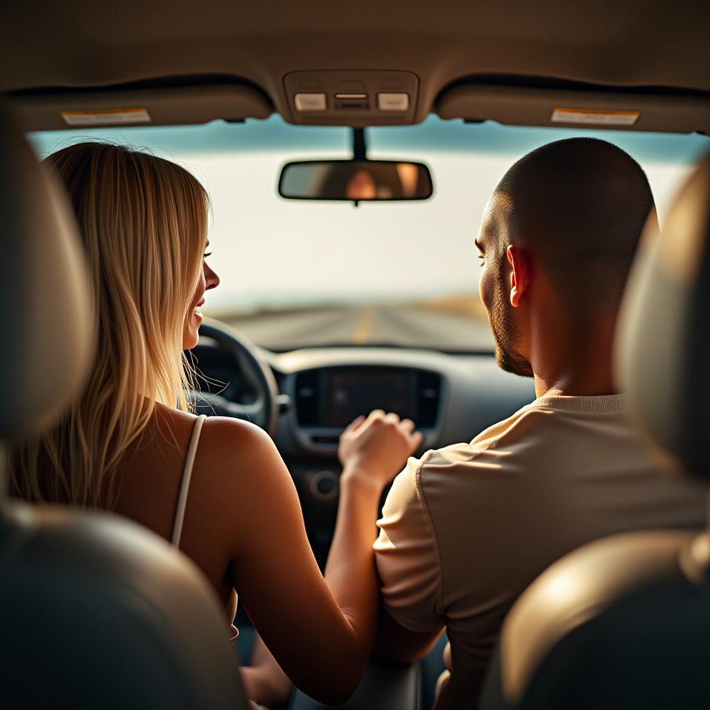  make an image of a blonde haired woman with brown eyes and tan olive skin holding hands with a tan skinned guy with brown hair driving on the pacific coast highway