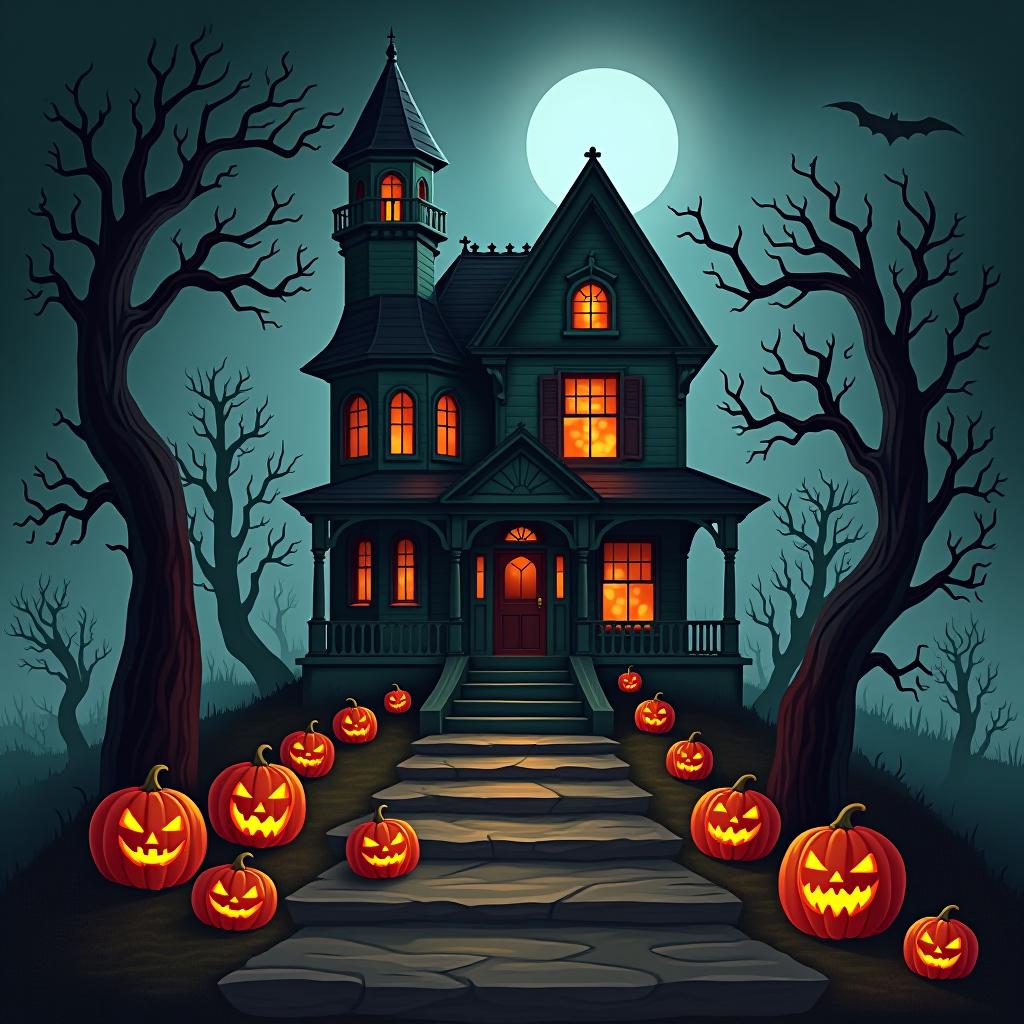  create a seamless digital painting of a spooky, halloween themed scene featuring a haunted house with gothic architecture. the house should be surrounded by twisted, gnarled trees and a multitude of jack o' lanterns. the scene should include a dark, cloudy sky to enhance the eerie atmosphere. the overall style should be detailed and atmospheric, capturing the essence of a haunted, creepy environment perfect for halloween, ensuring the design is seamless for use in repeating patterns or wraps.