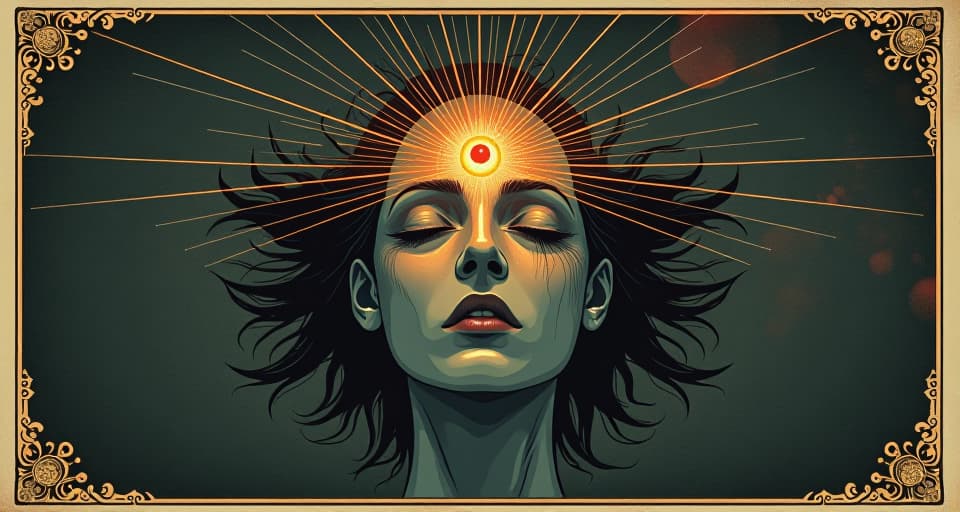  a figure with eyes half closed, slowly opening to reveal a glowing third eye, illusions shattering around, energy beams radiating outward, awakening, clarity, transformation. an illustration in the style of a worn, mystical old tarot trump card, mysterious and elements of surrealism. the colors are muted, somber and eerie, but with contrast bring out an occult and esoteric vibe.