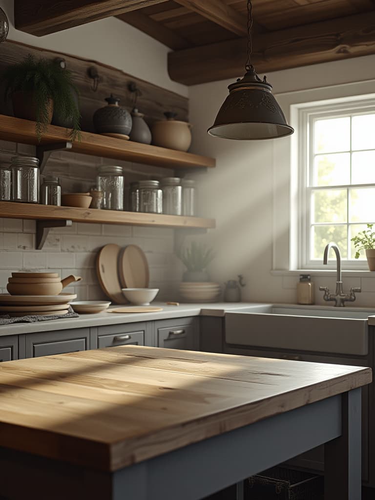  high quality portrait photo of a rustic farmhouse kitchen with open shelving displaying vintage mason jars and enamelware, soft natural light streaming through a large window, and a distressed wood island in the foreground hyperrealistic, full body, detailed clothing, highly detailed, cinematic lighting, stunningly beautiful, intricate, sharp focus, f/1. 8, 85mm, (centered image composition), (professionally color graded), ((bright soft diffused light)), volumetric fog, trending on instagram, trending on tumblr, HDR 4K, 8K