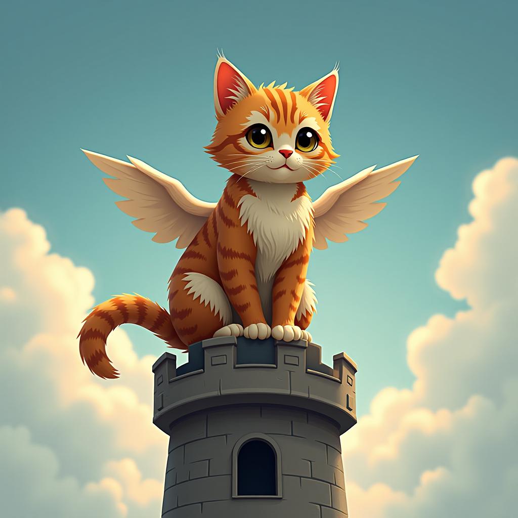  a little cat with wings is sitting on the tower.