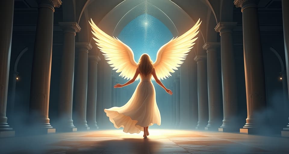  an ethereal angel with glowing wings, entering a grand, mystical hall. every being turns to look, captivated by her radiant presence.. the style is digital art illustration,highly detailed, whimsical,magical, dreamlike atmosphere, realism and fantasy blend, smooth, glossy textures,luminous quality, wonder and enchantment.